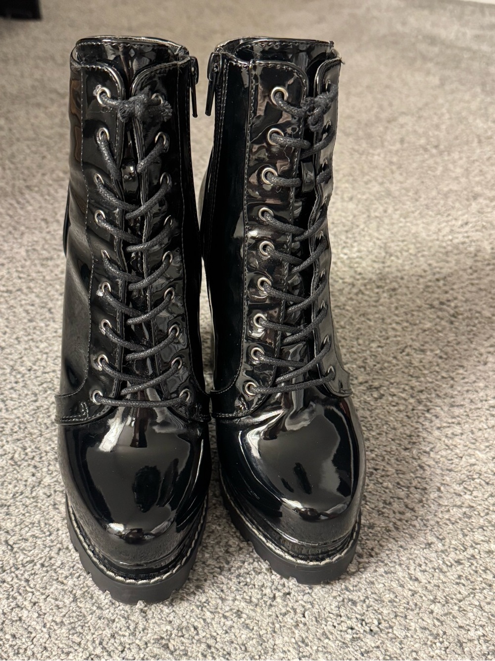 AKIRA Glossy Black Patent Lace-Up Platform Booties . Excellent condition. Size6
